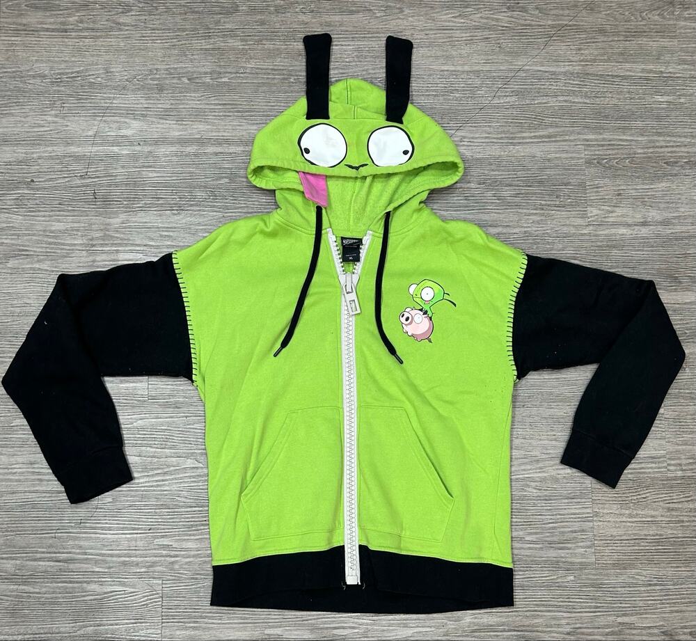 Nickelodeon Invader Zim Gir Pig Cosplay Full Zip Hoodie Sweater XL Green Black